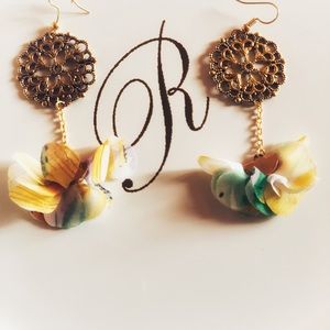Yellow Flowered gold Dangly Round Earrings